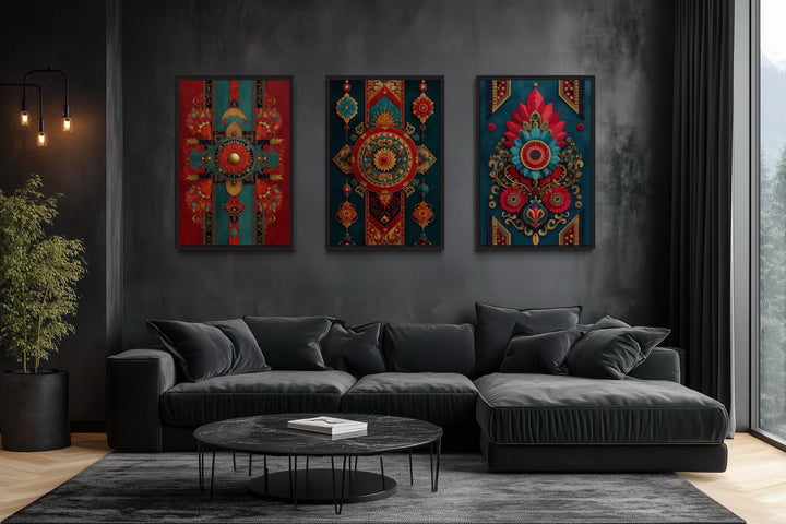 Modern Indian Wall Art For Living Room Set Of 3 - Red Teal And Gold Canvas Prints With Traditional Textile Patterns