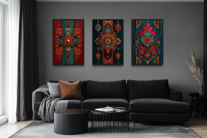 Modern Indian Wall Art For Living Room Set Of 3 - Red Teal And Gold Canvas Prints With Traditional Textile Patterns