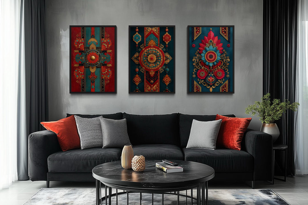 Modern Indian Wall Art For Living Room Set Of 3 - Red Teal And Gold Canvas Prints With Traditional Textile Patterns