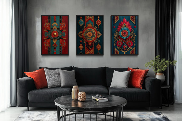 Modern Indian Wall Art For Living Room Set Of 3 - Red Teal And Gold Canvas Prints With Traditional Textile Patterns
