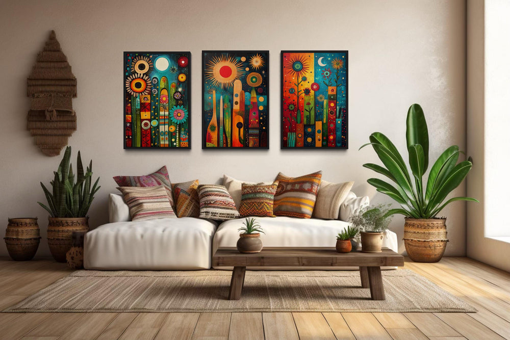 Modern Mexican Wall Art – Colorful Abstract Cactus Painting Set With Sun And Moon
