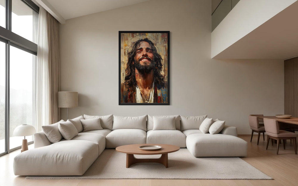Modern Smiling Jesus Abstract Graffiti Framed Canvas Wall Art