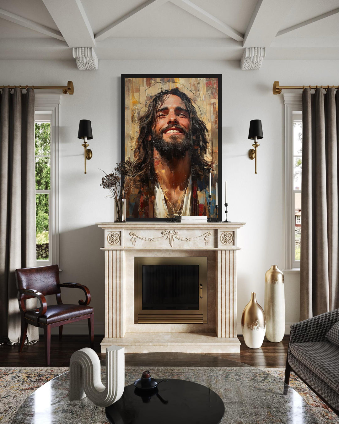 Modern Smiling Jesus Abstract Graffiti Framed Canvas Wall Art