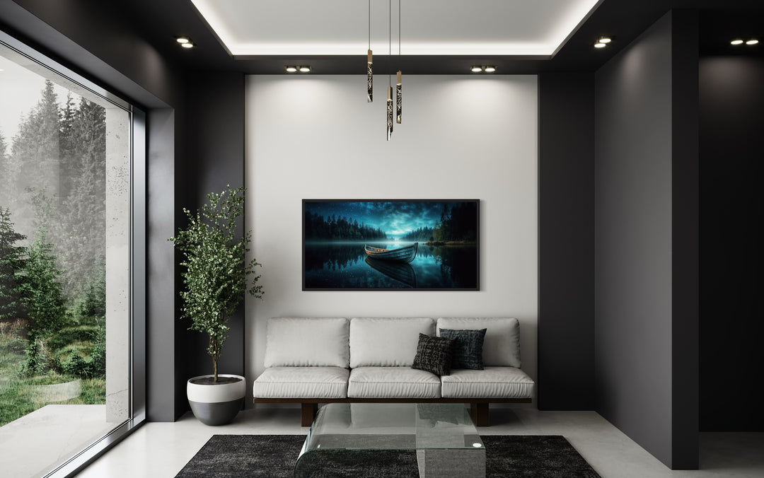 Moody Boat in The Lake Under Starry Sky At Night Framed Canvas Wall Art