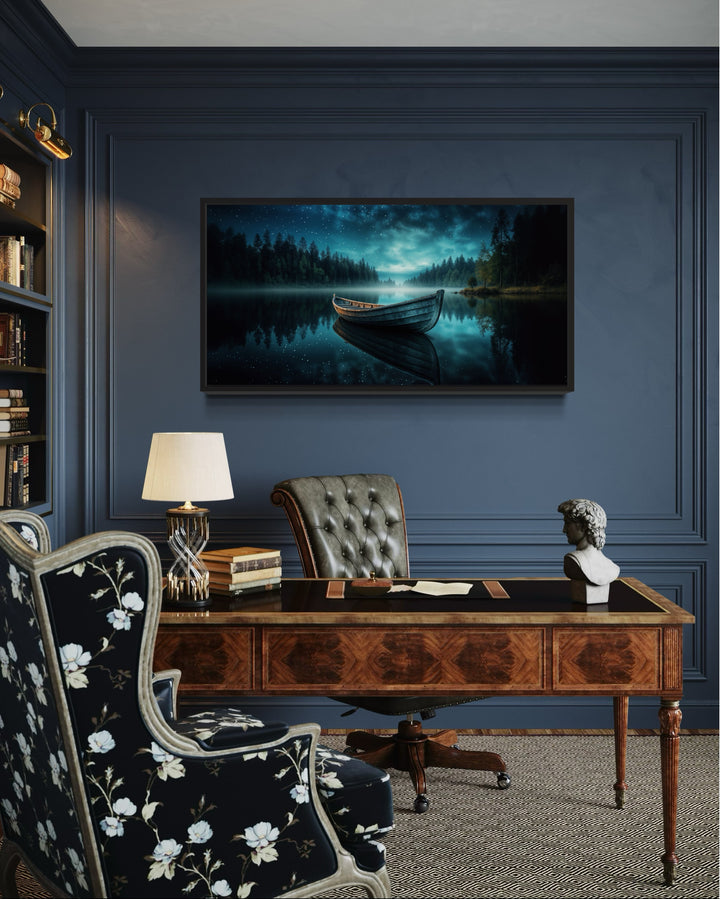 Moody Boat in The Lake Under Starry Sky At Night Framed Canvas Wall Art