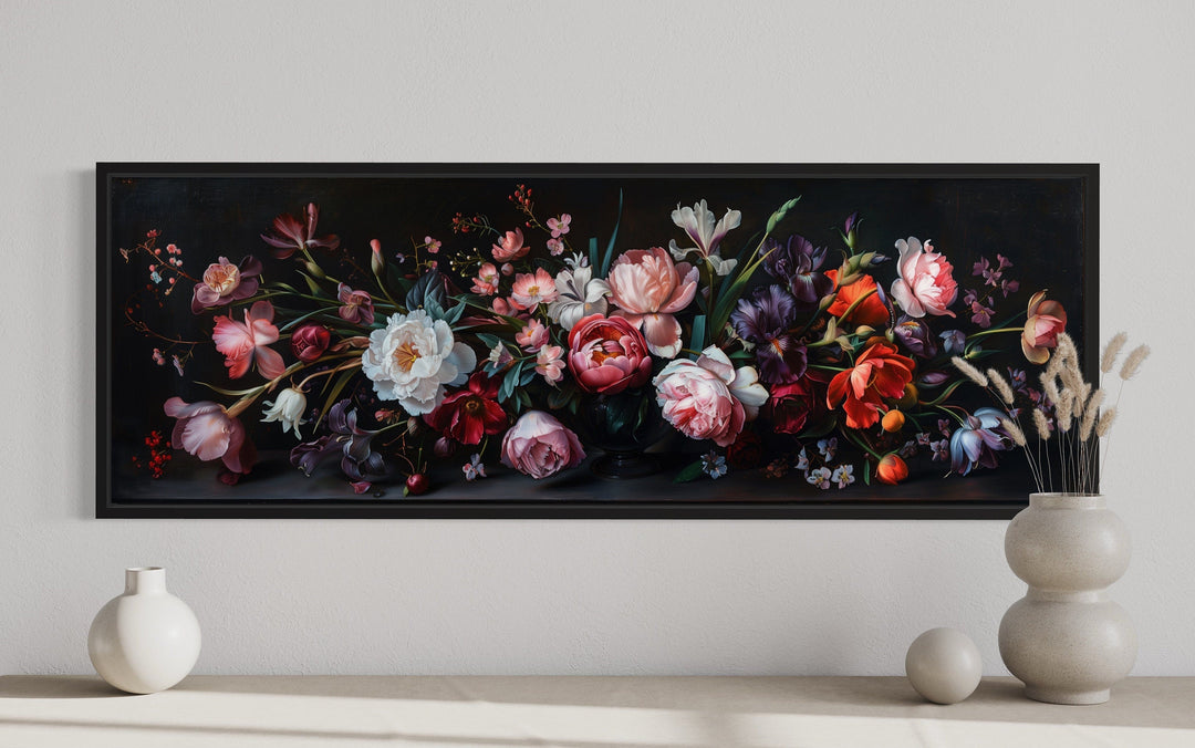 Moody Dark Flowers Antique Panoramic Above Couch Or Bed Wall Art
