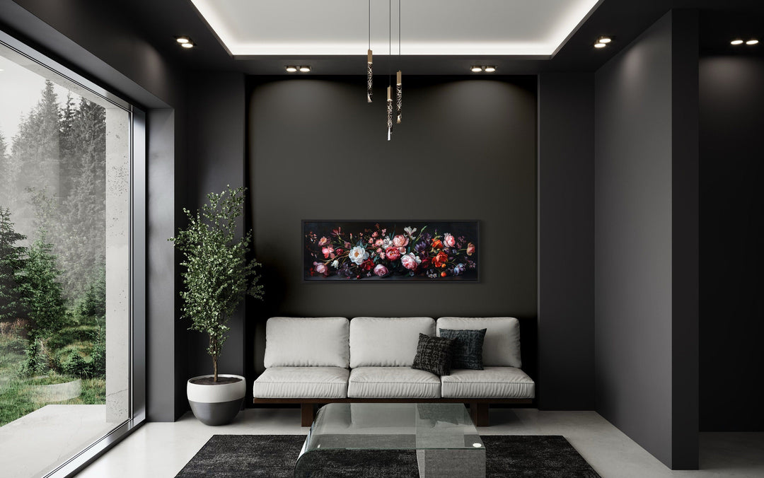 Moody Dark Flowers Antique Panoramic Above Couch Or Bed Wall Art