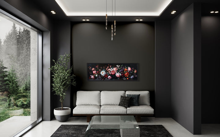 Moody Dark Flowers Antique Panoramic Above Couch Or Bed Wall Art