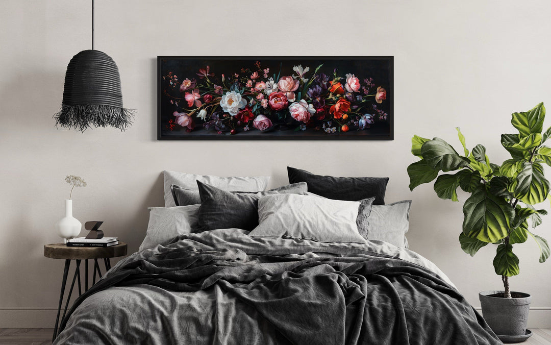 Moody Dark Flowers Antique Panoramic Above Couch Or Bed Wall Art