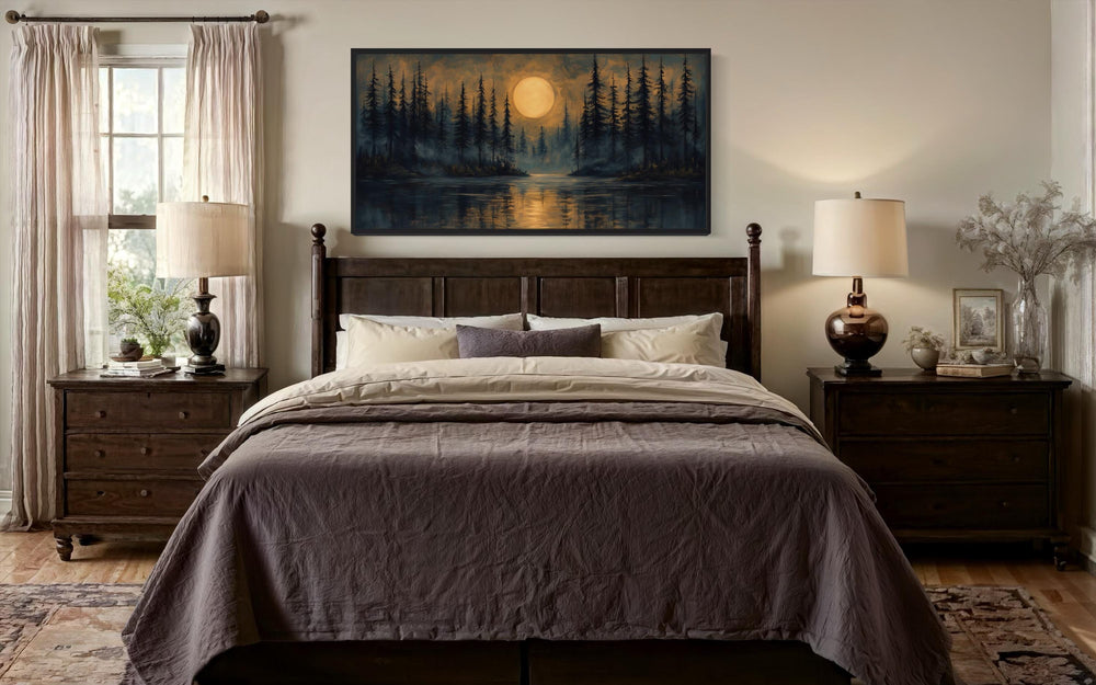Moody Moon Over Pine Forest And Lake At Night Wall Art