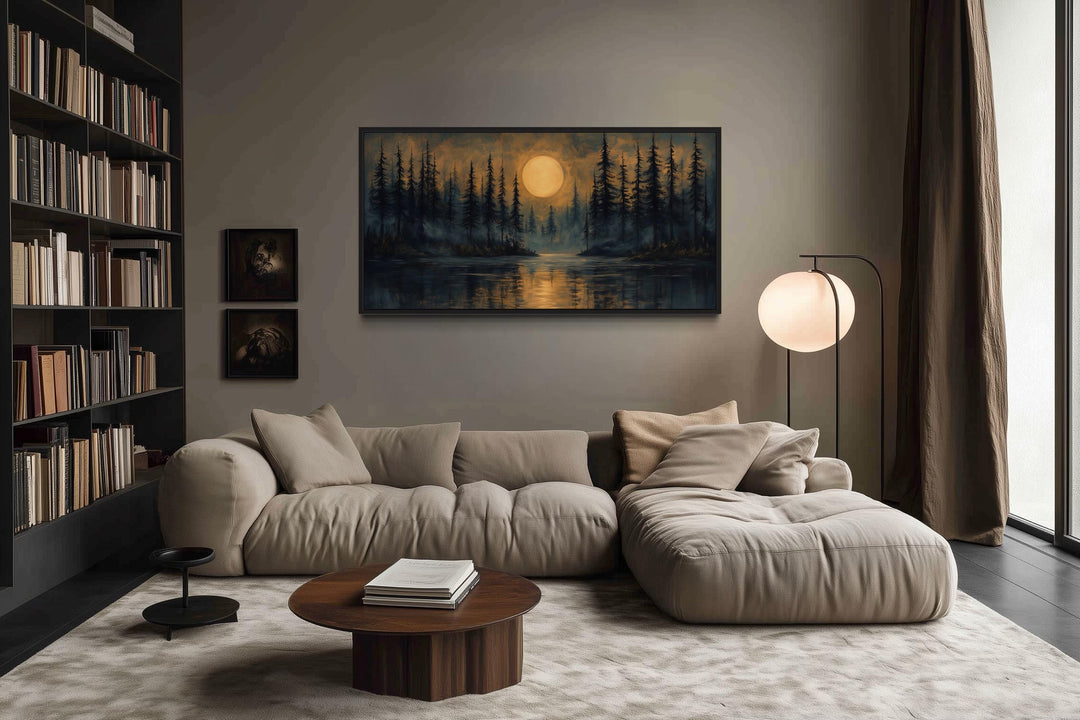 Moody Moon Over Pine Forest And Lake At Night Wall Art