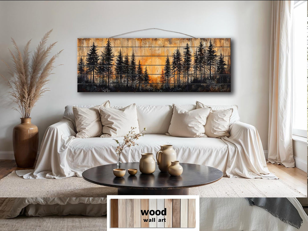 Moody Pine Forest At Sunset Distressed Long Horizontal Wood Wall Art