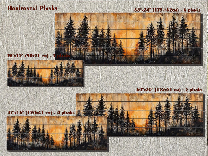Moody Pine Forest At Sunset Distressed Long Horizontal Wood Wall Art