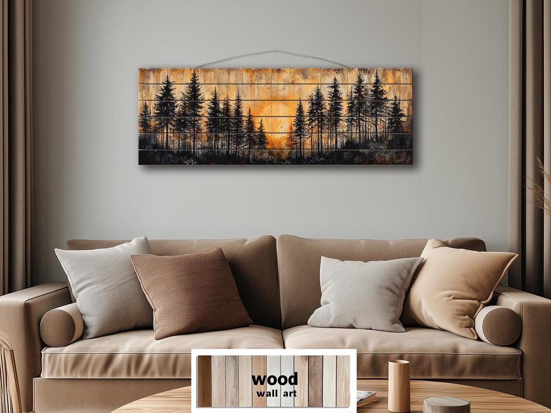 Moody Pine Forest At Sunset Distressed Long Horizontal Wood Wall Art