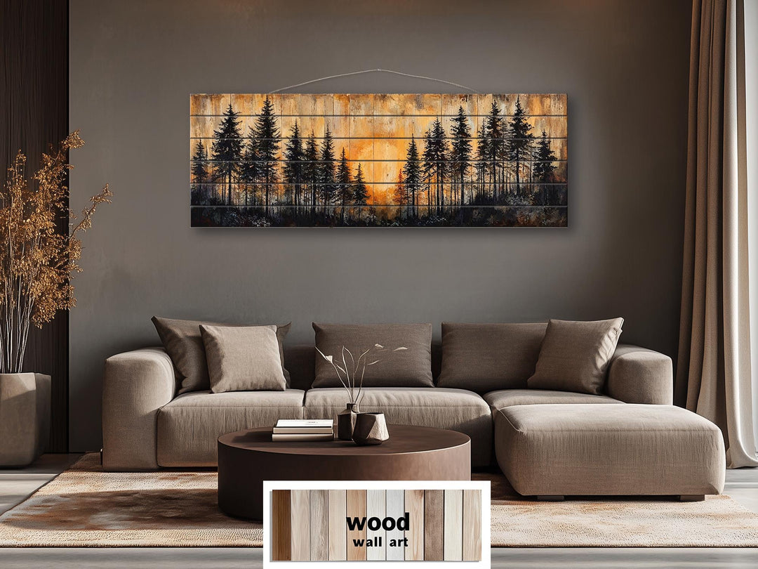 Moody Pine Forest At Sunset Distressed Long Horizontal Wood Wall Art
