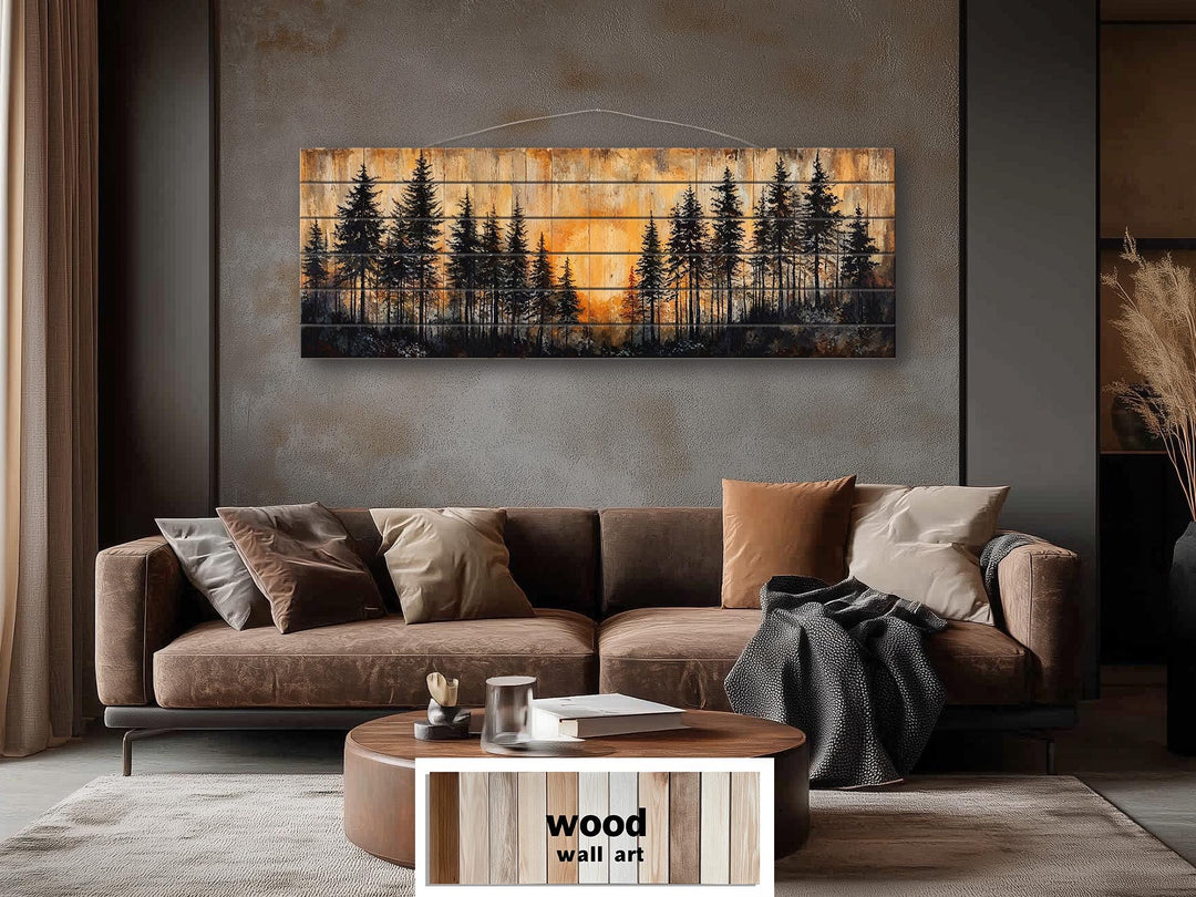 Moody Pine Forest At Sunset Distressed Long Horizontal Wood Wall Art