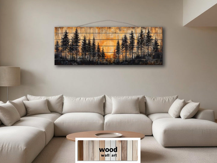 Moody Pine Forest At Sunset Distressed Long Horizontal Wood Wall Art