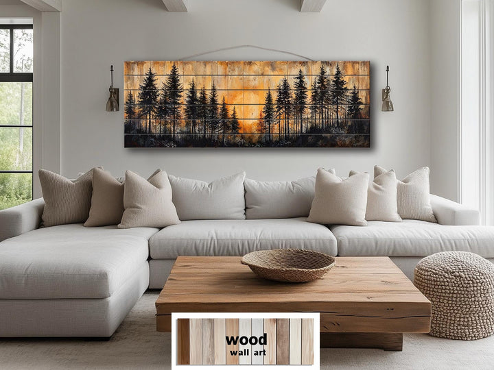 Moody Pine Forest At Sunset Distressed Long Horizontal Wood Wall Art