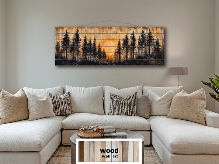 Moody Pine Forest At Sunset Distressed Long Horizontal Wood Wall Art