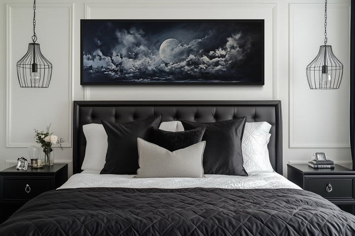 Moon And Cloudy Sky Horizontal Framed Canvas Wall Art