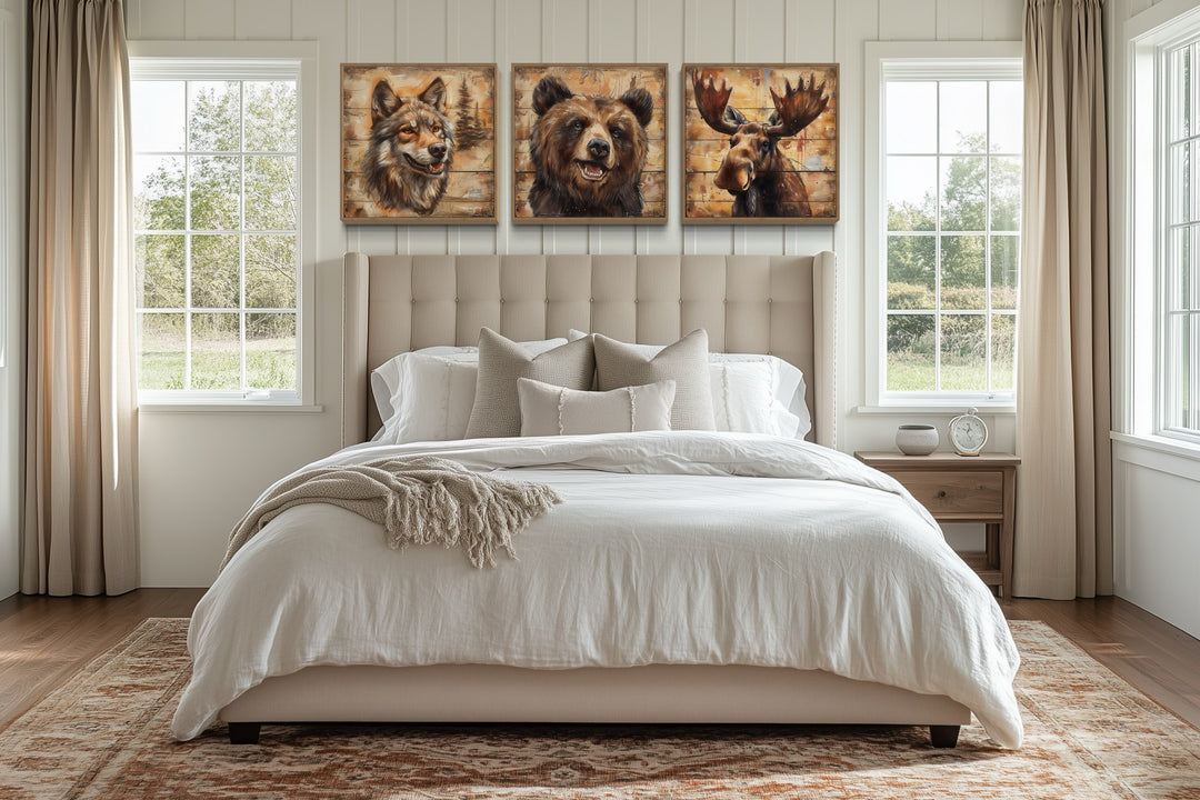 Moose, Bear, Wolf Wildlife Cabin Decor Framed Canvas Wall Art