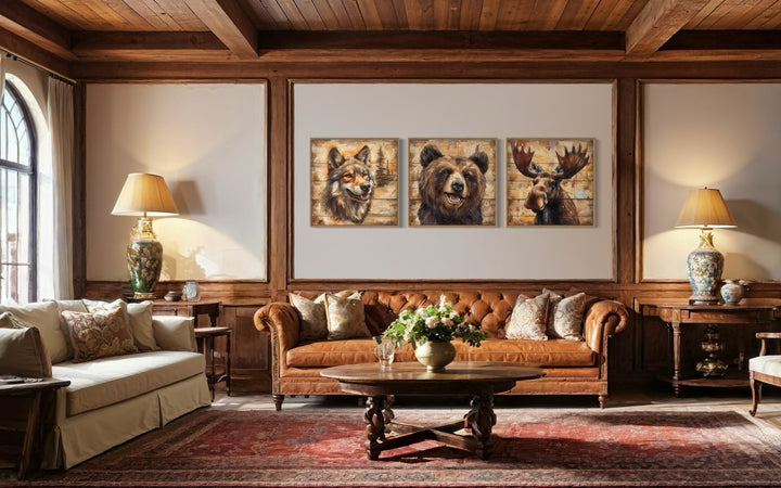 Moose, Bear, Wolf Wildlife Cabin Decor Framed Canvas Wall Art
