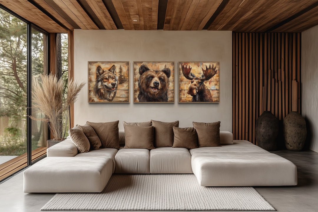 Moose, Bear, Wolf Wildlife Cabin Decor Framed Canvas Wall Art