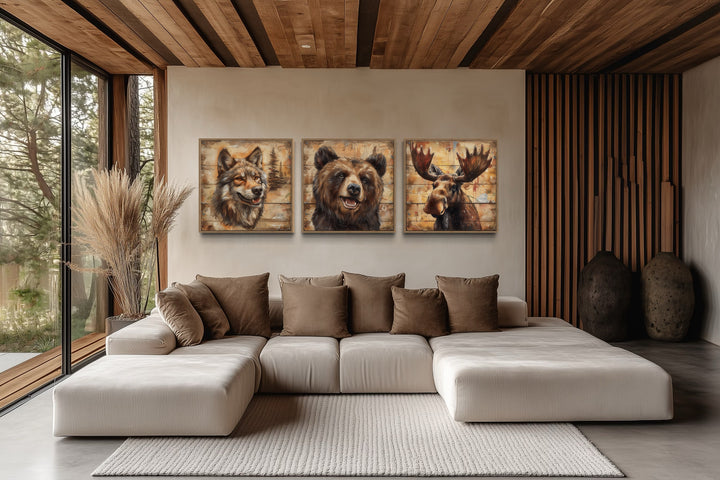 Moose, Bear, Wolf Wildlife Cabin Decor Framed Canvas Wall Art