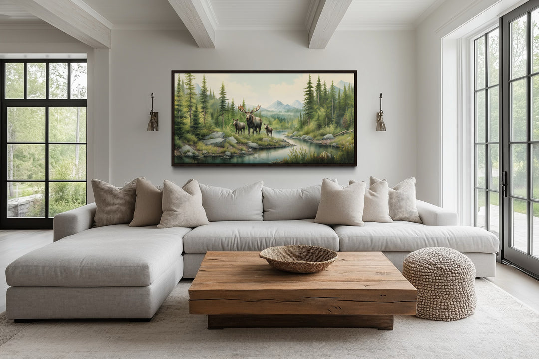 Moose Family With Cubs In The Forest Framed Canvas Wall Art