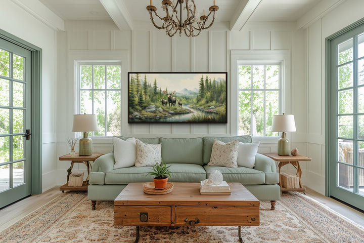 Moose Family With Cubs In The Forest Framed Canvas Wall Art