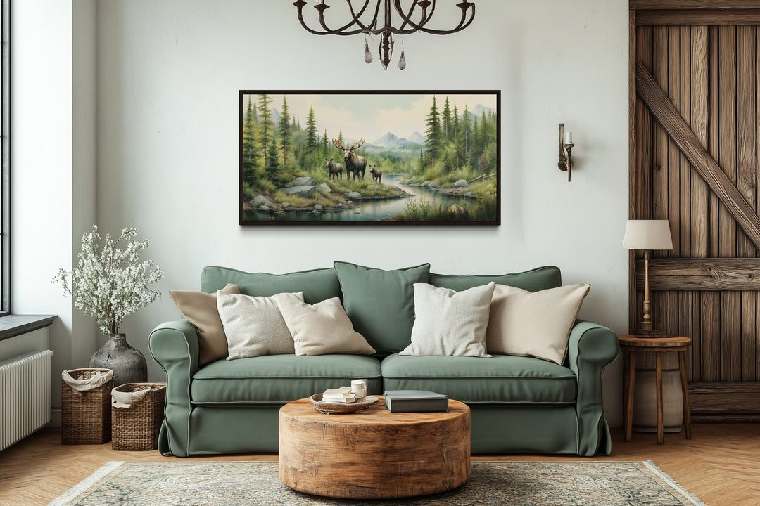 Moose Family With Cubs In The Forest Framed Canvas Wall Art