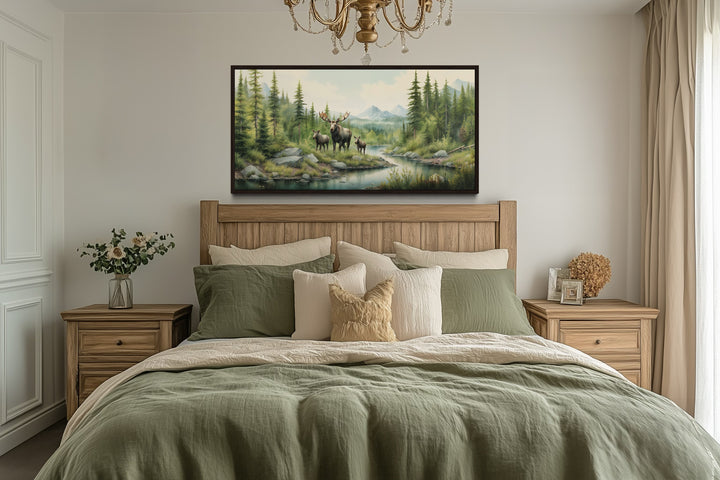 Moose Family With Cubs In The Forest Framed Canvas Wall Art