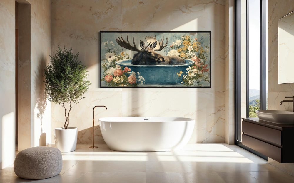 Moose In Bathtub With Flowers Canvas Wall Art