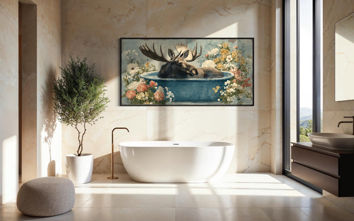 Moose In Bathtub With Flowers Canvas Wall Art