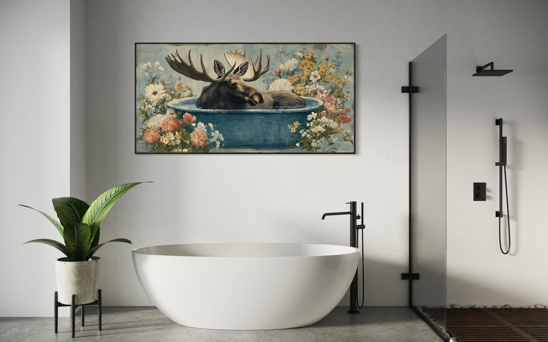 Moose In Bathtub With Flowers Canvas Wall Art
