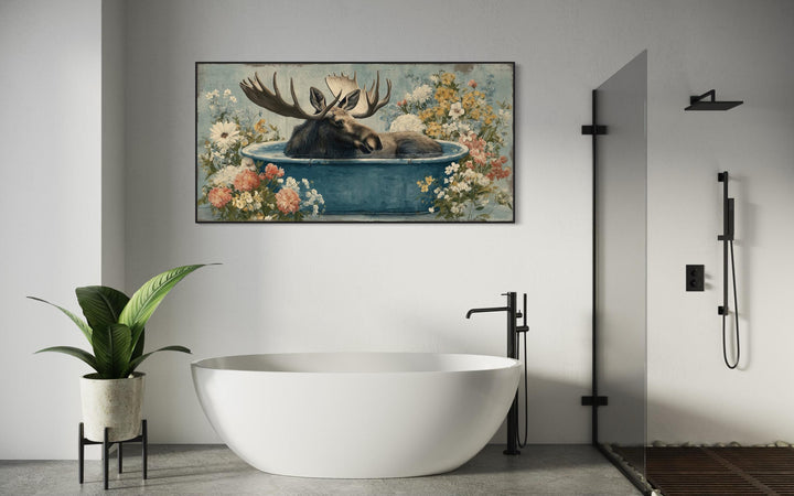 Moose In Bathtub With Flowers Canvas Wall Art