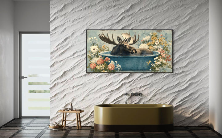 Moose In Bathtub With Flowers Canvas Wall Art