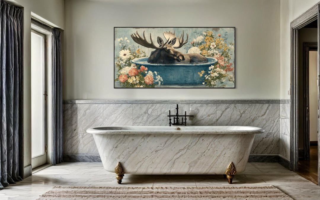 Moose In Bathtub With Flowers Canvas Wall Art