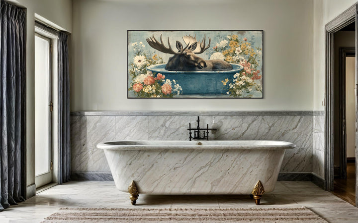 Moose In Bathtub With Flowers Canvas Wall Art