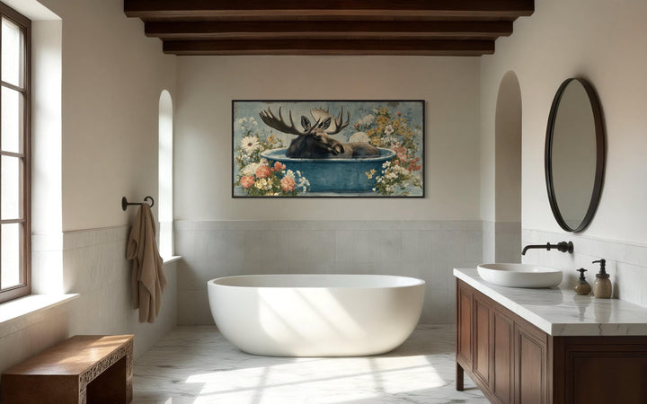 Moose In Bathtub With Flowers Canvas Wall Art