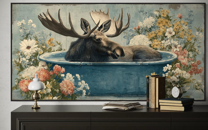 Moose In Bathtub With Flowers Canvas Wall Art