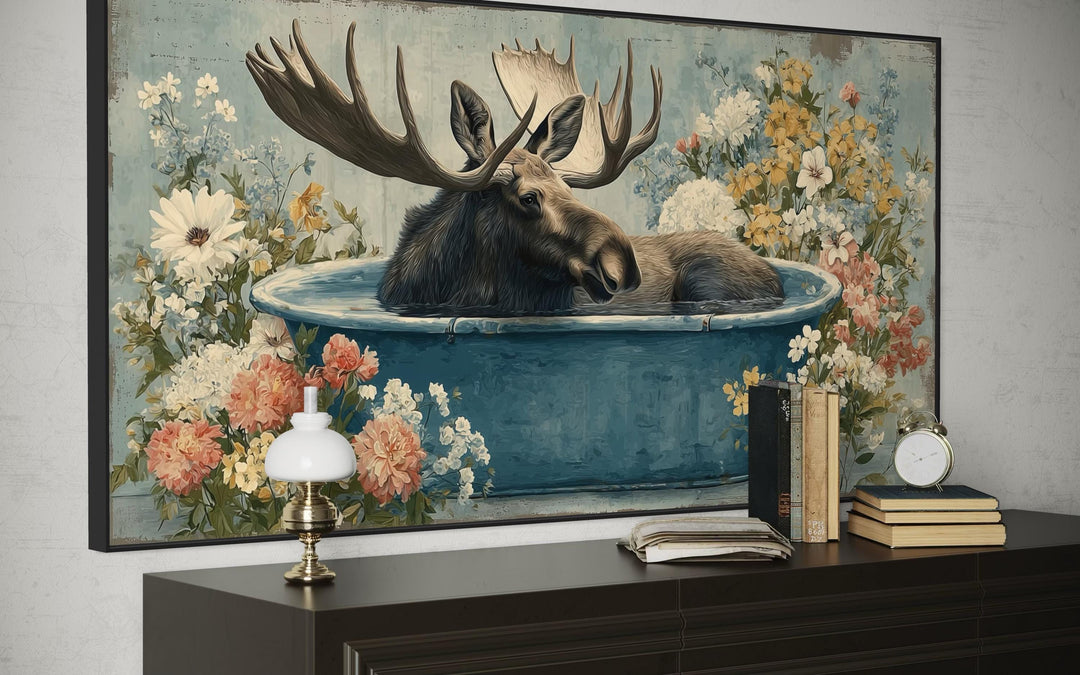 Moose In Bathtub With Flowers Canvas Wall Art