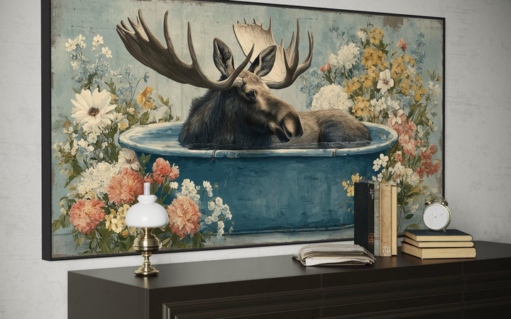 Moose In Bathtub With Flowers Canvas Wall Art