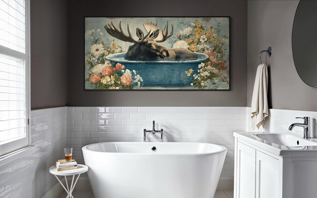 Moose In Bathtub With Flowers Canvas Wall Art