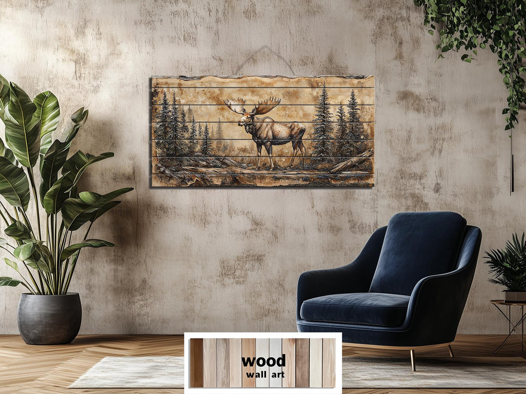 Moose In Forest Distressed Wood Wall Art