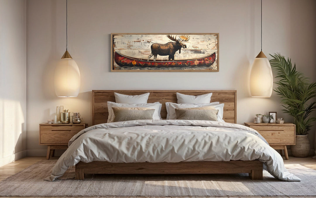 Moose In Red Canoe Long Panoramic Framed Canvas Wall Art For Cabin Decor
