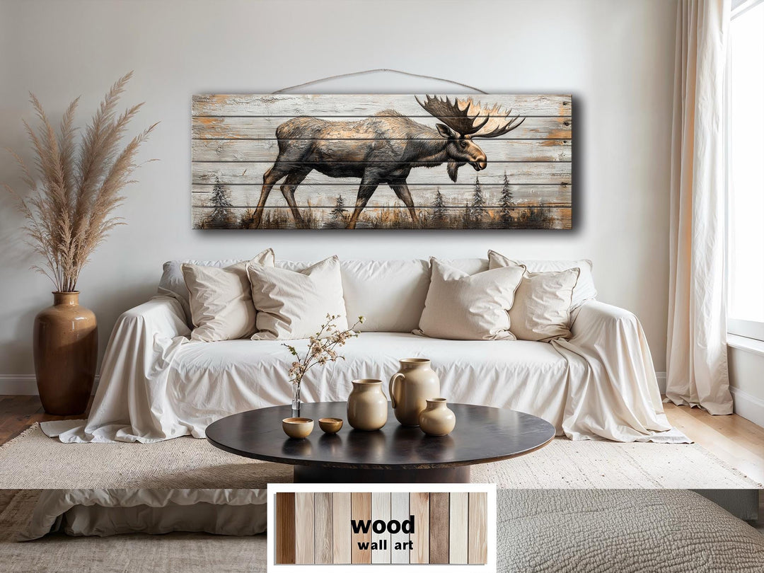 Moose In The Forest Real Wood Long Horizontal Rustic Wall Art For Cabin Decor
