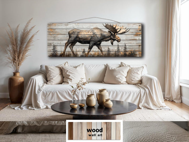 Moose In The Forest Real Wood Long Horizontal Rustic Wall Art For Cabin Decor