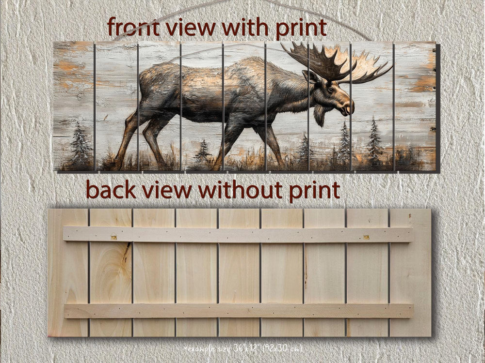 Moose In The Forest Real Wood Long Horizontal Rustic Wall Art For Cabin Decor