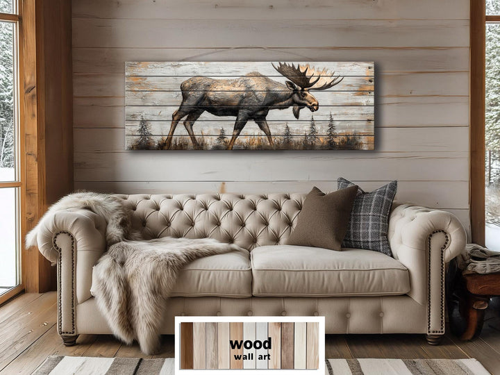 Moose In The Forest Real Wood Long Horizontal Rustic Wall Art For Cabin Decor